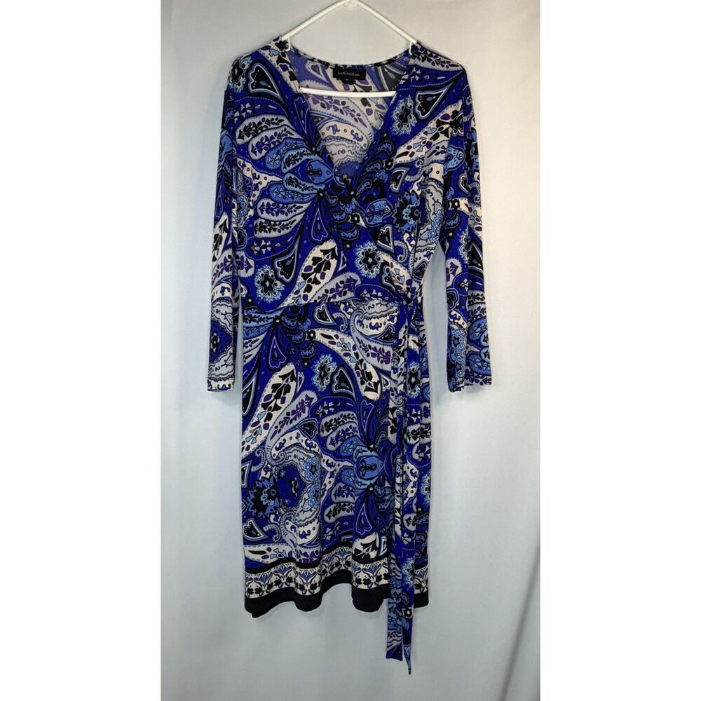 Size XL Indication Paisley Faux Wrap Tie Waist Long Sleeve Dress Blue